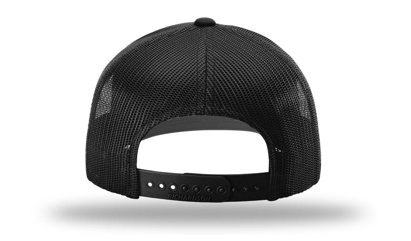 Richardson Custom Embroidered Richardson 112 Mid-Profile Trucker Snapback Cap Custom hat, custom baseball hat, custom trucker hat, custom embroidered hat, embroidered hat, black back.