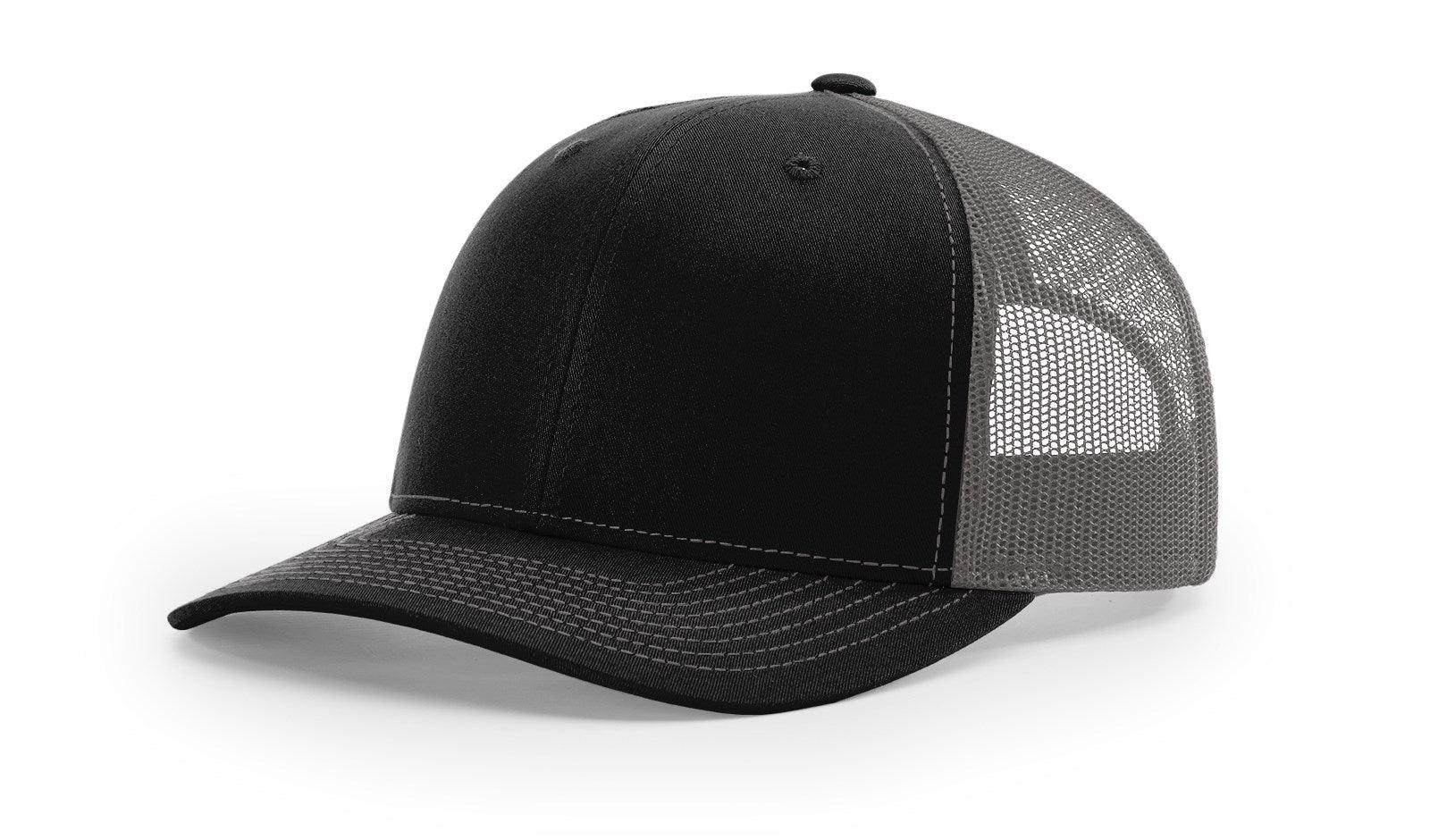 Richardson Custom Embroidered Richardson 112 Mid-Profile Trucker Snapback Cap Custom hat, custom baseball hat, custom trucker hat, custom embroidered hat, embroidered hat, black/ Charcoal side.