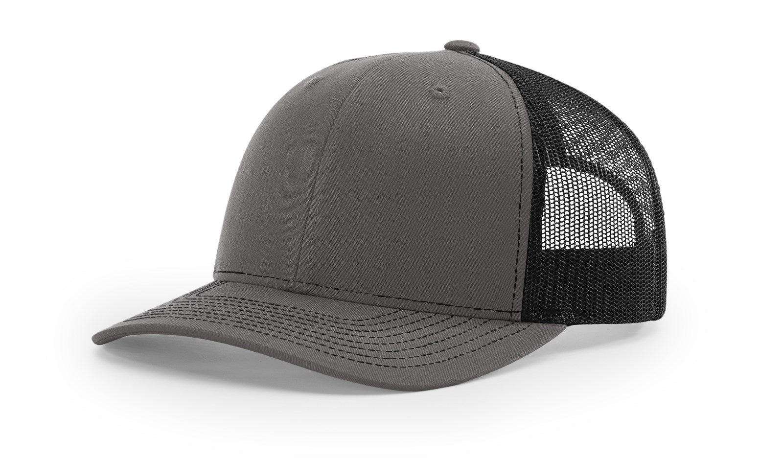 Richardson Custom Embroidered Richardson 112 Mid-Profile Trucker Snapback Cap Custom hat, custom baseball hat, custom trucker hat, custom embroidered hat, embroidered hat, Charcoal/ Black side.