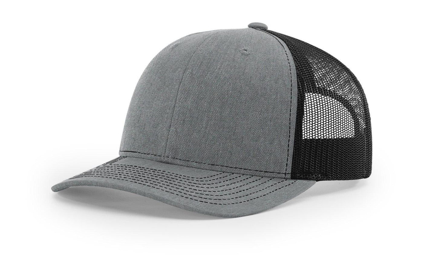 Richardson Custom Embroidered Richardson 112 Mid-Profile Trucker Snapback Cap Custom hat, custom baseball hat, custom trucker hat, custom embroidered hat, embroidered hat, Heather Gray/ Black, Side