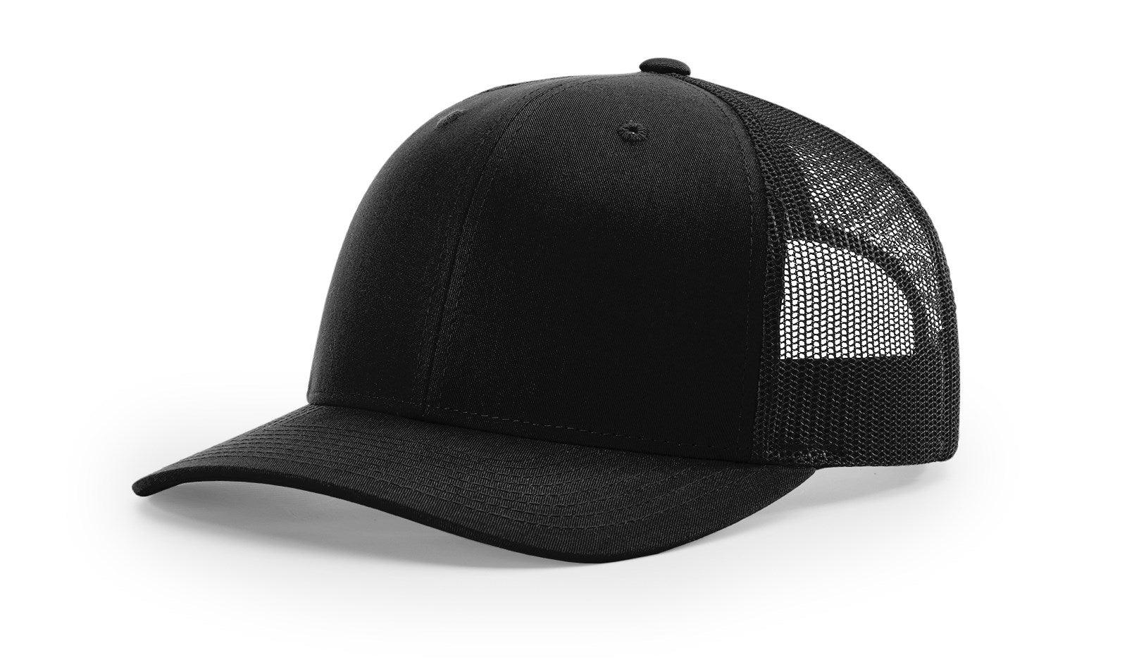 Richardson Custom Embroidered Richardson 112 Mid-Profile Trucker Snapback Cap Custom hat, custom baseball hat, custom trucker hat, custom embroidered hat, embroidered hat, black side.
